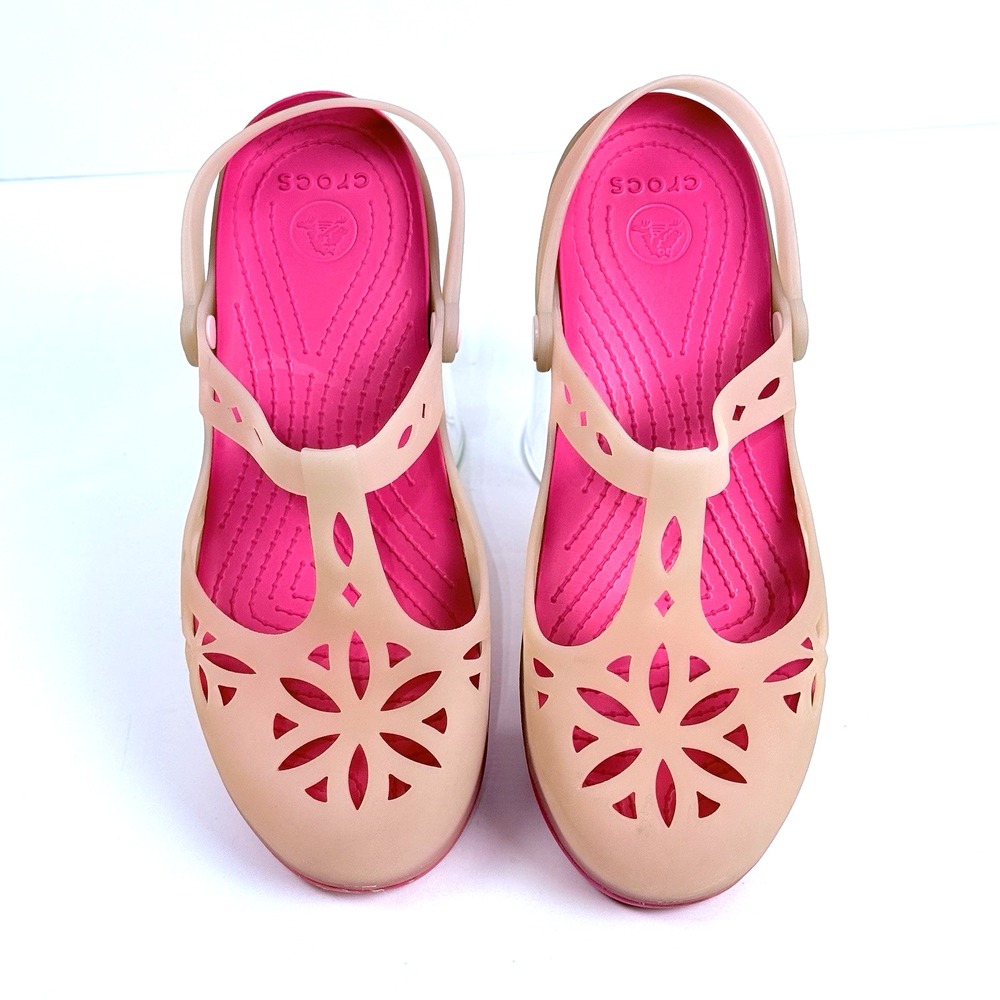 Crocs Isabella Clog Mary Jane T Strap Shoe Women 10 Pink Laser Cut Comfort Foam